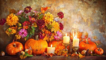 Obraz premium Thanksgiving still life with pumkins- dahlia flowers and candles