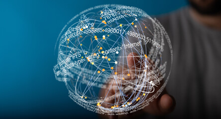 Abstract image of a person interacting with a digital globe representing internet data.