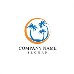 Sun, sea and palm tree logo Vector illustration