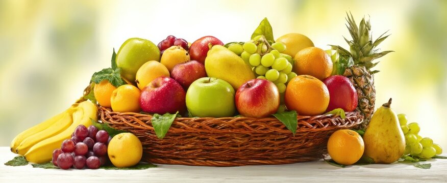The vibrant assortment of fresh fruits in a decorative wicker basket. - Powered by Adobe