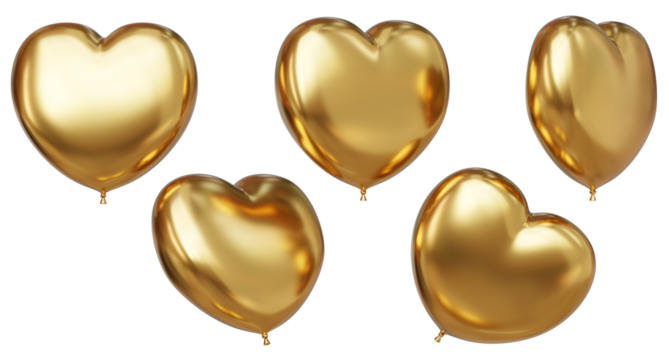 Collection 3D render of Heart shape Golden Balloons with Celebration banner.