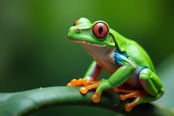 Green tree frog perched on white, vibrant colors , vibrant, legs
