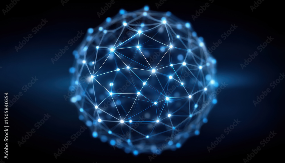 Poster quantum computer concept with glowing network sphere and connected points in blue light on dark back