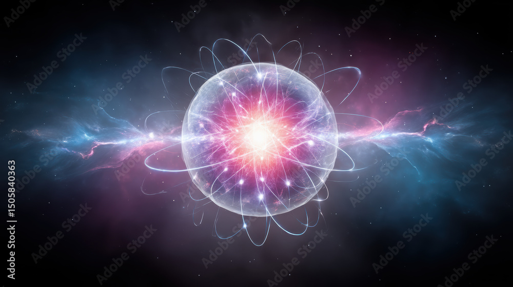 Poster quantum computer concept with glowing atom particle and energy waves in space showing futuristic tec