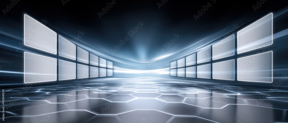 Poster futuristic quantum computer interface with glowing hexagonal floor and transparent digital screens i