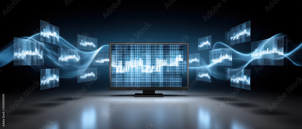 Poster quantum computer technology visualized with digital data screens and glowing waveforms around monito