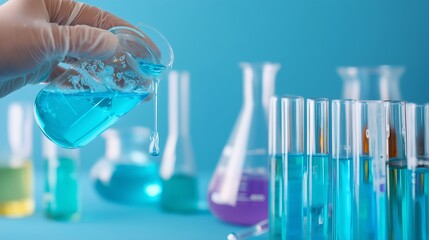 Colorful liquids are carefully mixed in laboratory glassware during an experiment in a science facility