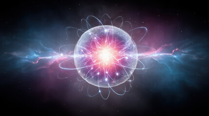 Quantum computer concept with glowing atom particle and energy waves in space showing futuristic technology and science