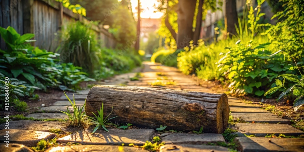 Poster a rustic wooden log sits beside a stone path leading through a lush green garden, illuminated by the