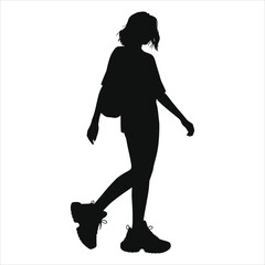 (chunky sneakers)Vector Silhouette of a Woman Walking with a Backpack/A simple, bold silhouette of a young woman walking, likely in modern urban attire, with a backpack.