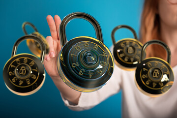 Image of a woman holding digital combination locks, symbolizing data security and privacy.