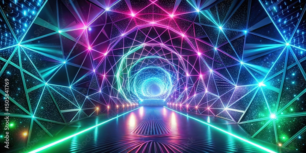 Poster A futuristic pathway leading to a glowing circular portal with neon lights and geometric shapes
