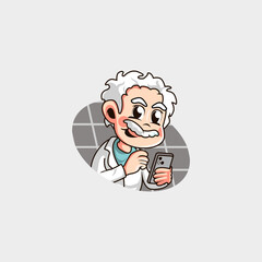cartoon logo of a white-haired genius using a gadget in his hand