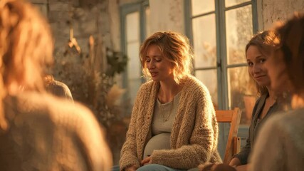 Smiling pregnant woman in warm light, chatting with other mothers in a support group setting - Powered by Adobe