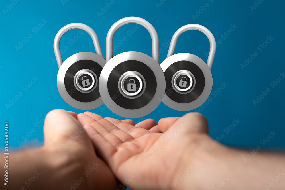 Poster Image depicts three padlocks floating above open hands, symbolizing data protection and security.