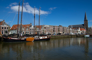 Dutch city skyline with canals