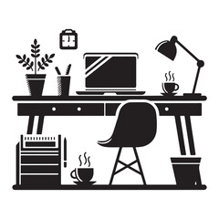 Minimalist Workspace Vector Illustration with Laptop, Lamp, Coffee and Desk Accessories

