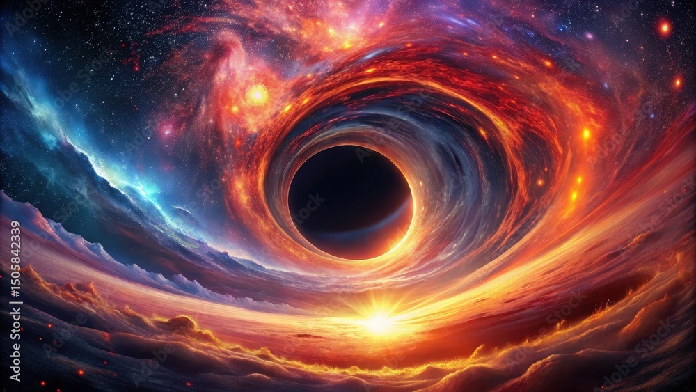 Poster a cosmic black hole absorbs light from a distant galaxy, its powerful gravitational pull warping the