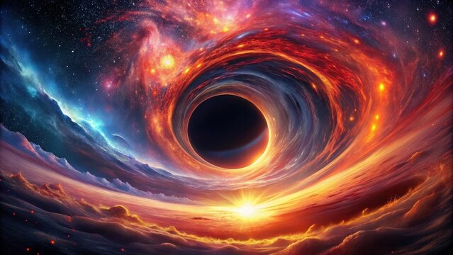 A cosmic black hole absorbs light from a distant galaxy, its powerful gravitational pull warping the fabric of space and time, creating a mesmerizing swirl of celestial energy.
