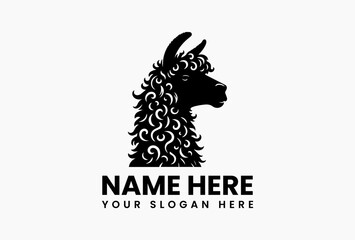 Fototapeta premium Modern black and white llama head vector logo with artistic fur patterns on clean background