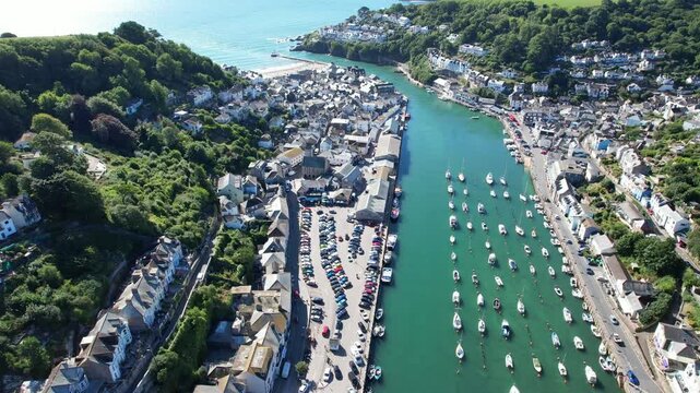 Aerial Footage of Looe Coastal Town and Civil Parish in Southeast Cornwall, England United Kingdom. High Angle Footage Was Captured with Drone Camera on January 10th, 2025