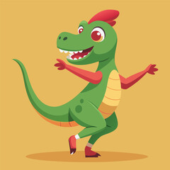 Obraz premium Cheerful cartoon dinosaur dancing and smiling in a playful and animated illustration