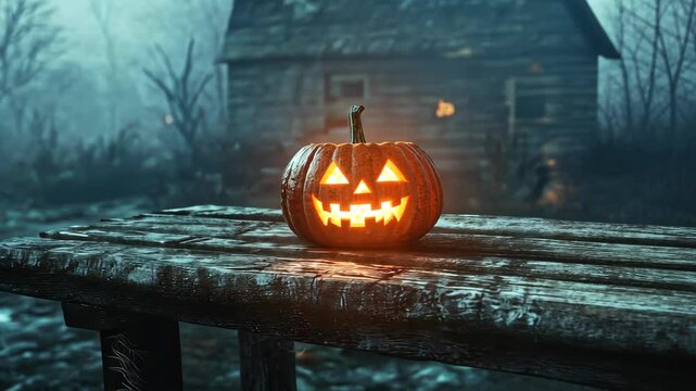 Spooky jacko'lantern glows on rustic table in eerie countryside setting