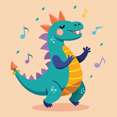 Cheerful cartoon dinosaur dancing to musical notes and singing with a happy expression