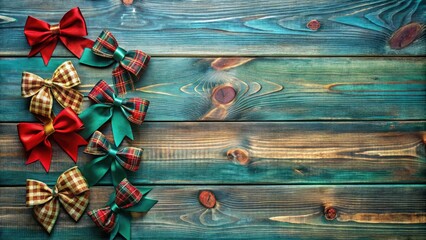 Colorful satin and plaid bows arranged on a teal wood surface, offering a festive backdrop for winter holidays.