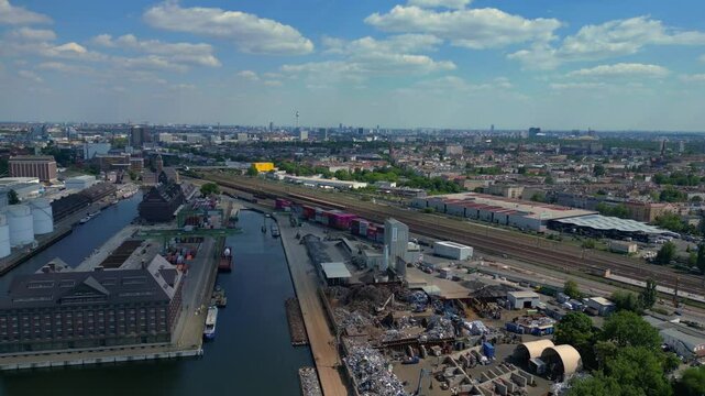 train run at city industrial containers port. Best aerial view flight drone