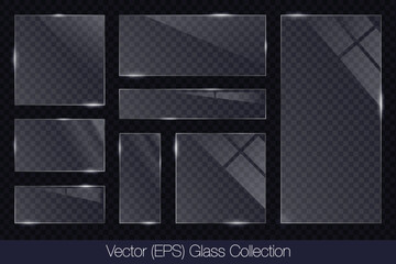 Realistic 3D glass transparent square and rectangle frame with glare, flat glass or plastic plate, flat transparent glass lens, realistic screen glass, window mockup, vector illustration