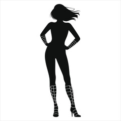 (Gladiator sandals)Powerful Female Vector  Silhouette with Windswept Hair/A striking silhouette of a woman, likely a superhero or action figure, with flowing, windswept hair and stylized armor..