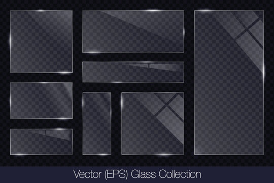 Realistic 3D glass transparent square and rectangle frame with glare, flat glass or plastic plate, flat transparent glass lens, realistic screen glass, window mockup, vector illustration
