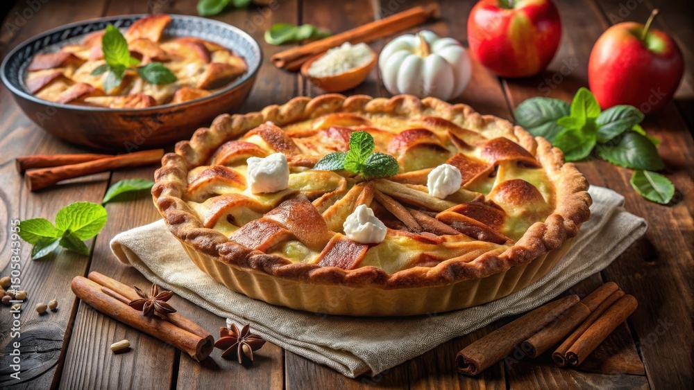 Poster a freshly baked apple pie with a lattice crust, topped with whipped cream and a sprig of mint, surro