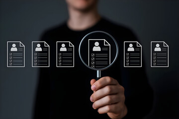 a person holding a magnifying glass over resumes for job recruitment process.