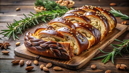 Sweet braided bread loaf with a golden crust, sliced and garnished with sesame seeds, almonds, and rosemary sprigs on a rustic wooden background