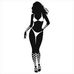 ( Gladiator sandals)Vector Silhouette of a Woman in a Bikini and Elaborate Legwear/A bold, black silhouette of a woman in a bikini, with intricate legwear.