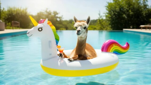 Llama relaxing with cocktail on unicorn float in swimming pool.