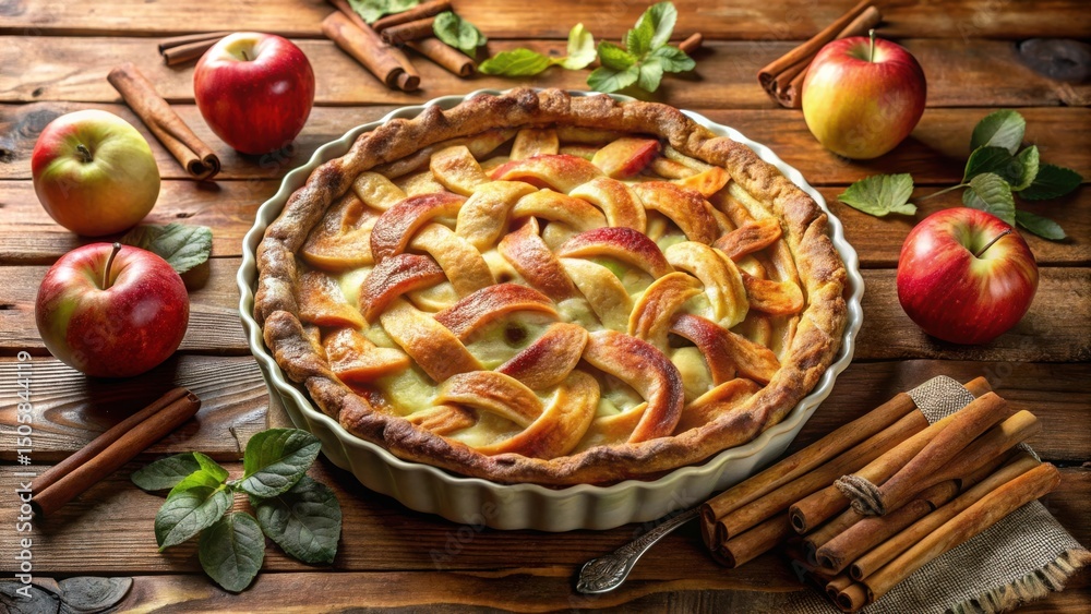 Poster a freshly baked apple pie with a lattice crust, resting on a wooden table surrounded by cinnamon sti