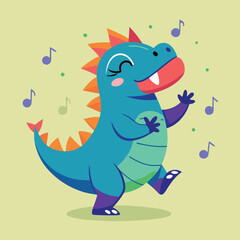 Cheerful cartoon dragon dancing happily amidst musical notes on a light green background