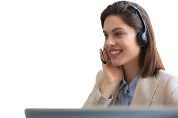 Woman customer support operator with headset and smiling on a transparent background