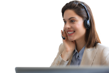 Woman customer support operator with headset and smiling on a transparent background