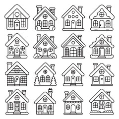 Cute Hand-drawn Christmas House Icons for Holiday Designs