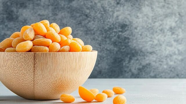 Dried Apricots in Wooden Bowl, Delicious and Healthy Snack