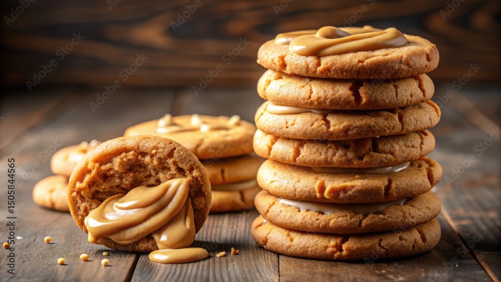 Poster a stack of freshly baked cookies with a caramel filling, one is broken in half revealing the soft, c