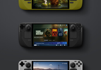 Game Console Mockup – Handheld Deck Flat-Lay (3 Views)