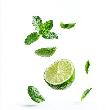 Fresh lime and mint leaves falling on white background