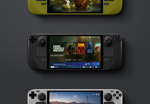 Game Console Mockup &ndash; Handheld Deck Flat-Lay (3 Objects)