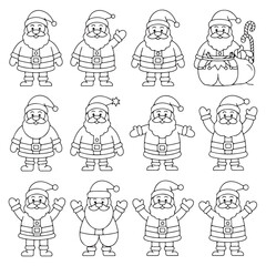 Santa Claus Icons Set, Christmas Line Art with Various Poses and Expressions


