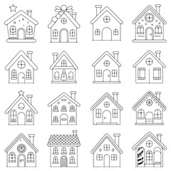 Cute Hand-drawn Christmas House Icons for Holiday Designs	